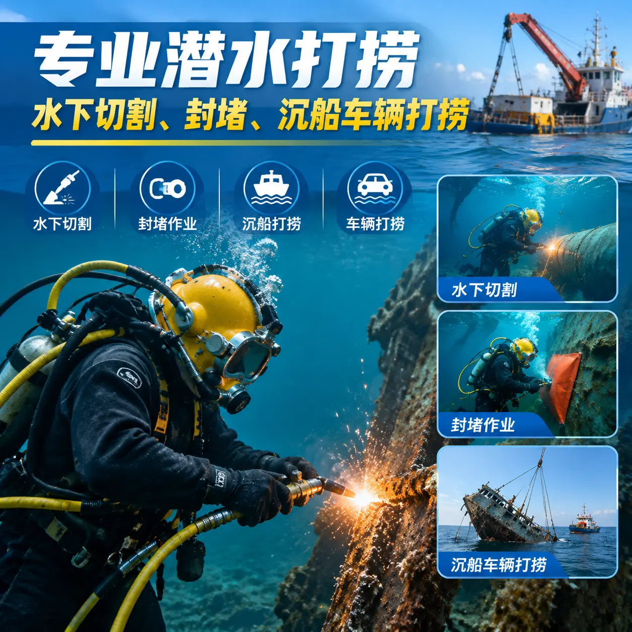 专业潜水打捞｜水下切割、封堵、沉船车辆打捞长洲